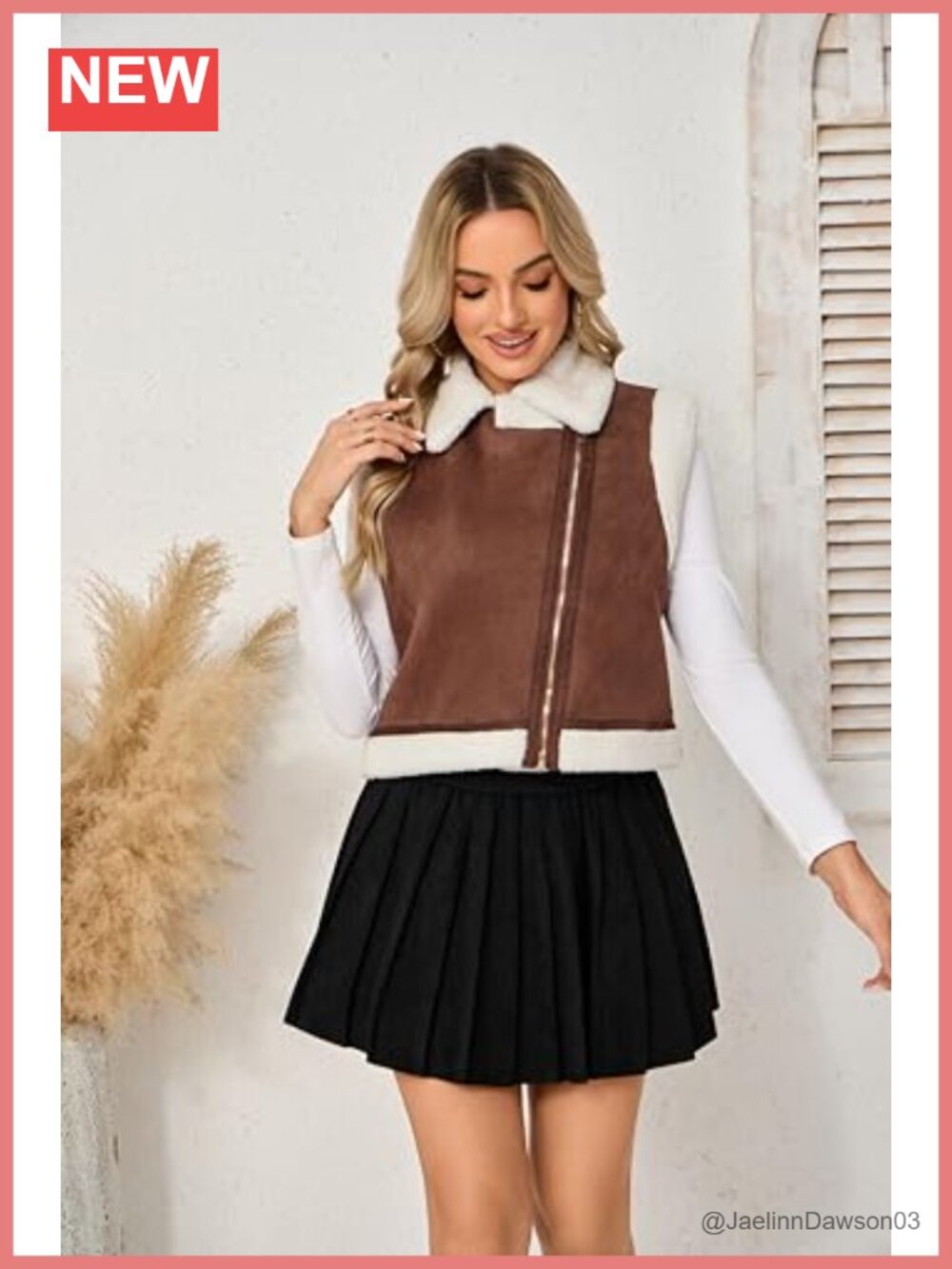 Womens Faux Suede Sherpa Vest Moto Zip-Up Sleeveless Coat - Picture 3 of 4